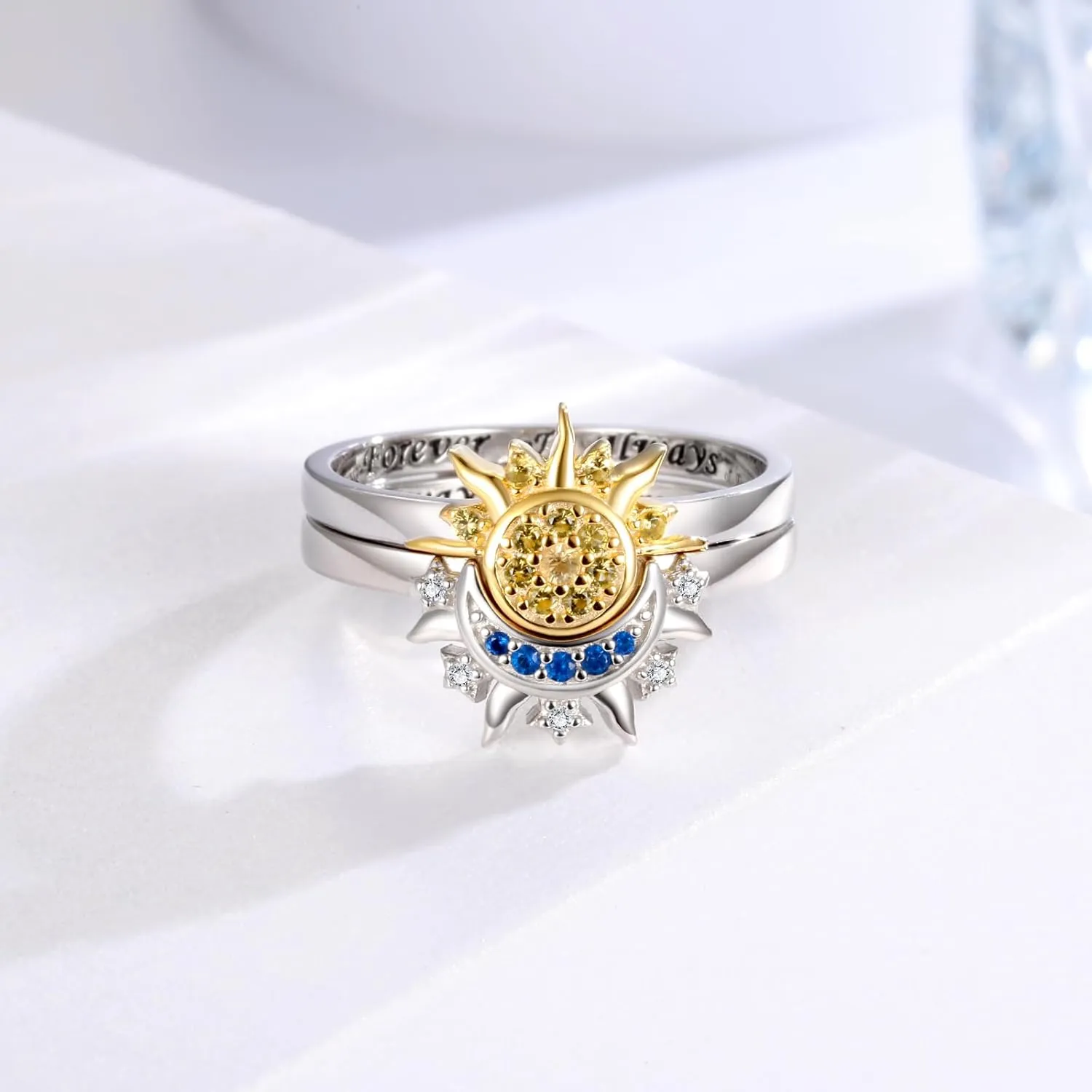 Sterling Silver Moon Sun Rings Set for 2 Stackable Matching Ring Friendship Couples Mother Daughter Promise Jewelry Gifts for Women Bff