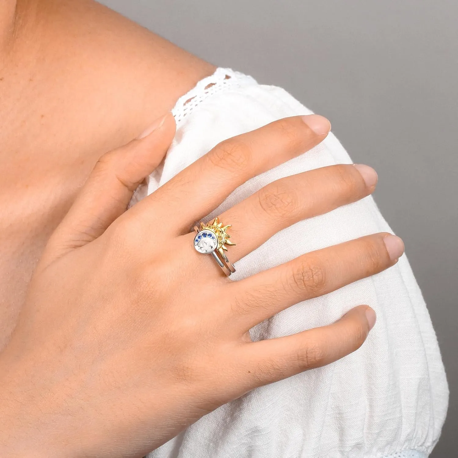 Sterling Silver Moon Sun Rings Set for 2 Stackable Matching Ring Friendship Couples Mother Daughter Promise Jewelry Gifts for Women Bff
