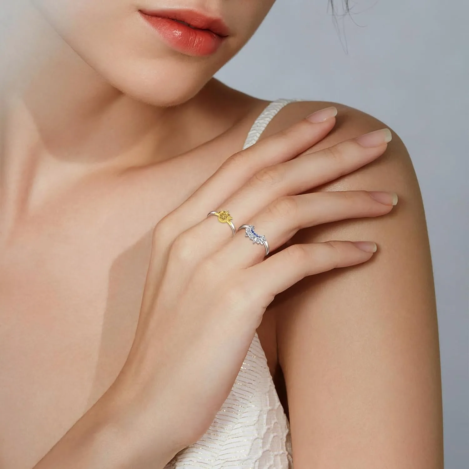 Sterling Silver Moon Sun Rings Set for 2 Stackable Matching Ring Friendship Couples Mother Daughter Promise Jewelry Gifts for Women Bff