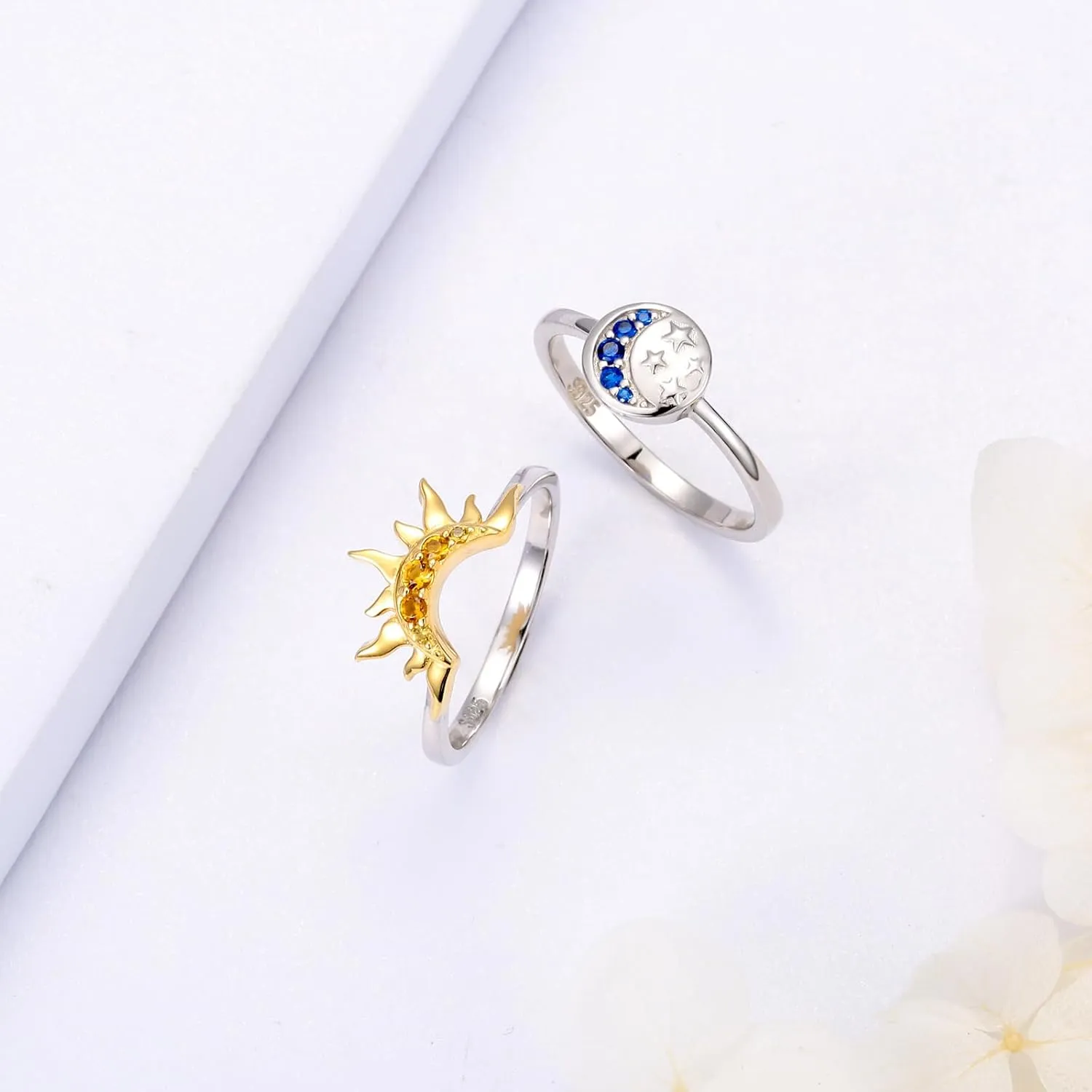 Sterling Silver Moon Sun Rings Set for 2 Stackable Matching Ring Friendship Couples Mother Daughter Promise Jewelry Gifts for Women Bff