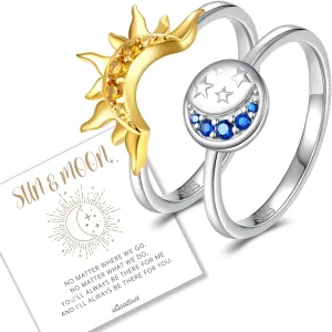 Sterling Silver Moon Sun Rings Set for 2 Stackable Matching Ring Friendship Couples Mother Daughter Promise Jewelry Gifts for Women Bff