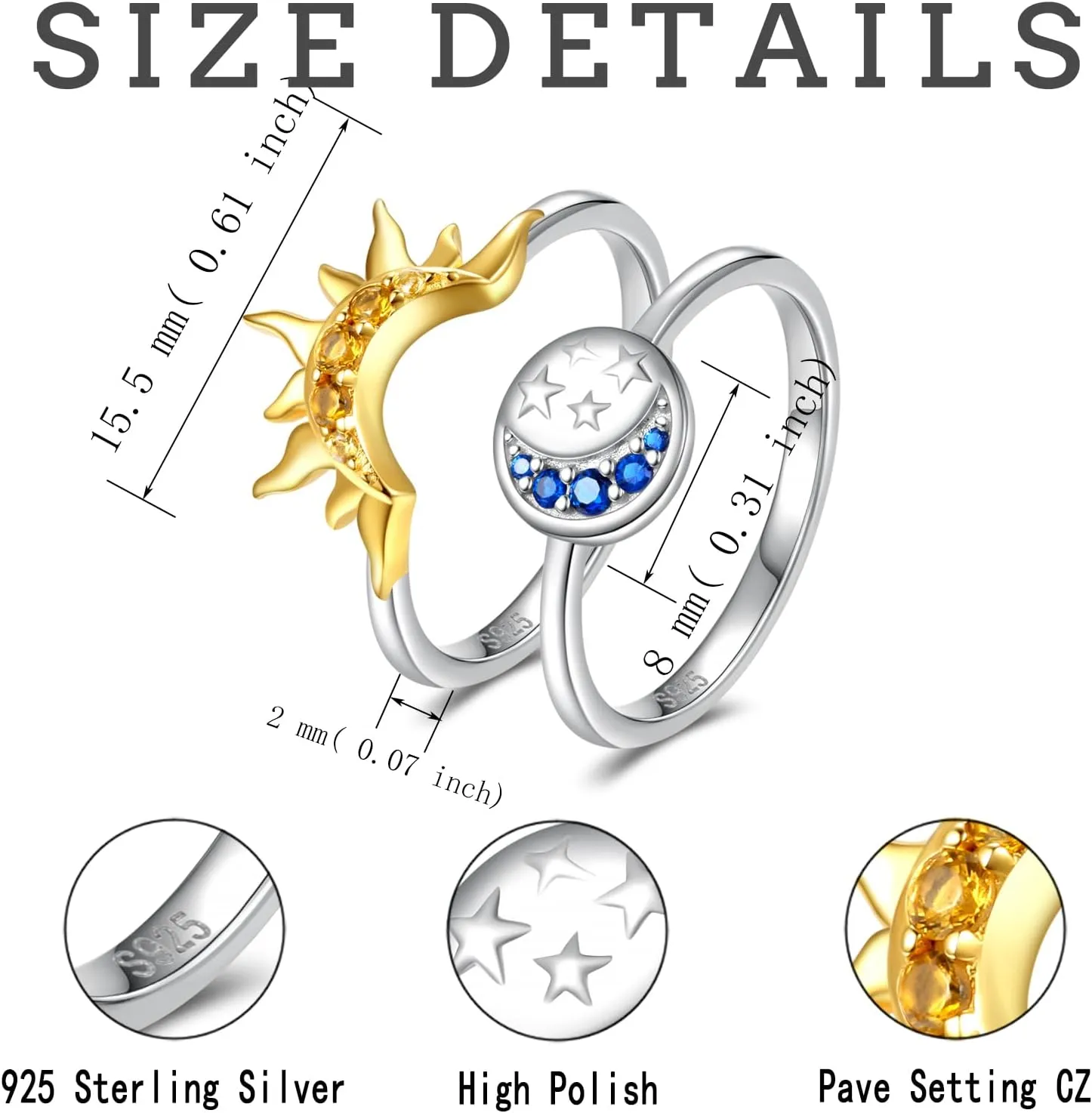 Sterling Silver Moon Sun Rings Set for 2 Stackable Matching Ring Friendship Couples Mother Daughter Promise Jewelry Gifts for Women Bff