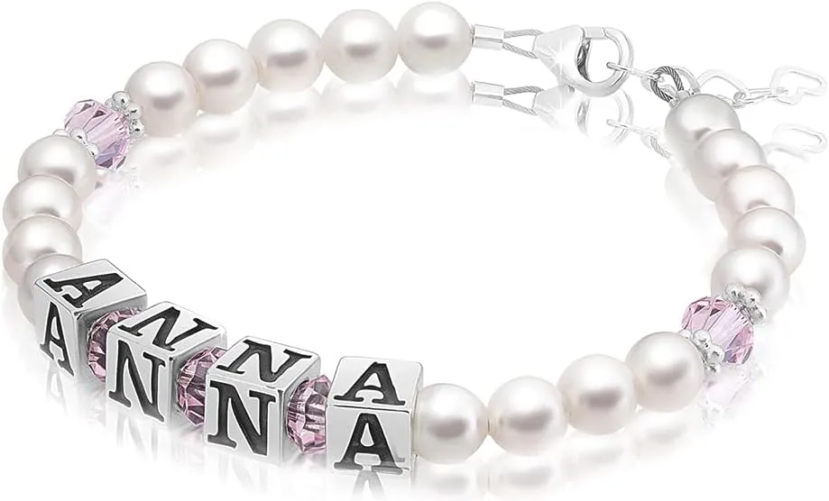 Sterling Silver Personalized Baby Gifts, initial Bracelet, Alphabet Beads with your Name, White Pearl Bracelets for Girls, Baptism Gifts for a Birthday Girl