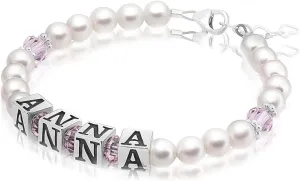 Sterling Silver Personalized Baby Gifts, initial Bracelet, Alphabet Beads with your Name, White Pearl Bracelets for Girls, Baptism Gifts for a Birthday Girl