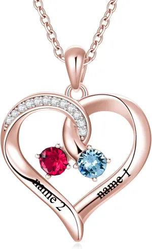 Sterling Silver Personalized Heart Name Necklaces for Women with 2 Birthstones Custom Heart -Shaped Pendant Necklace for Mom Mother's Jewelry Gift for Mother's Day