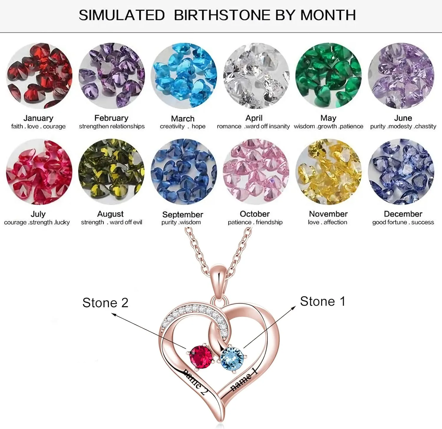 Sterling Silver Personalized Heart Name Necklaces for Women with 2 Birthstones Custom Heart -Shaped Pendant Necklace for Mom Mother's Jewelry Gift for Mother's Day