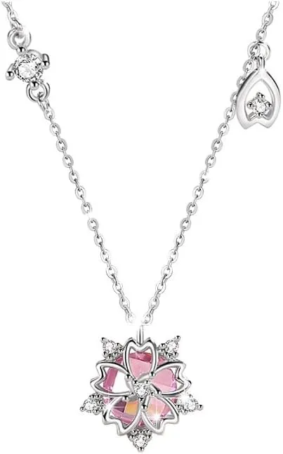 Sterling Silver Sparkling Cherry Blossom Pendant Necklace Sweet Pink Crystal Sakura Jewelry