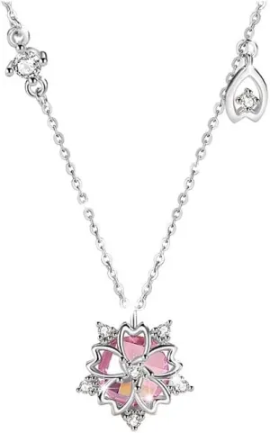 Sterling Silver Sparkling Cherry Blossom Pendant Necklace Sweet Pink Crystal Sakura Jewelry