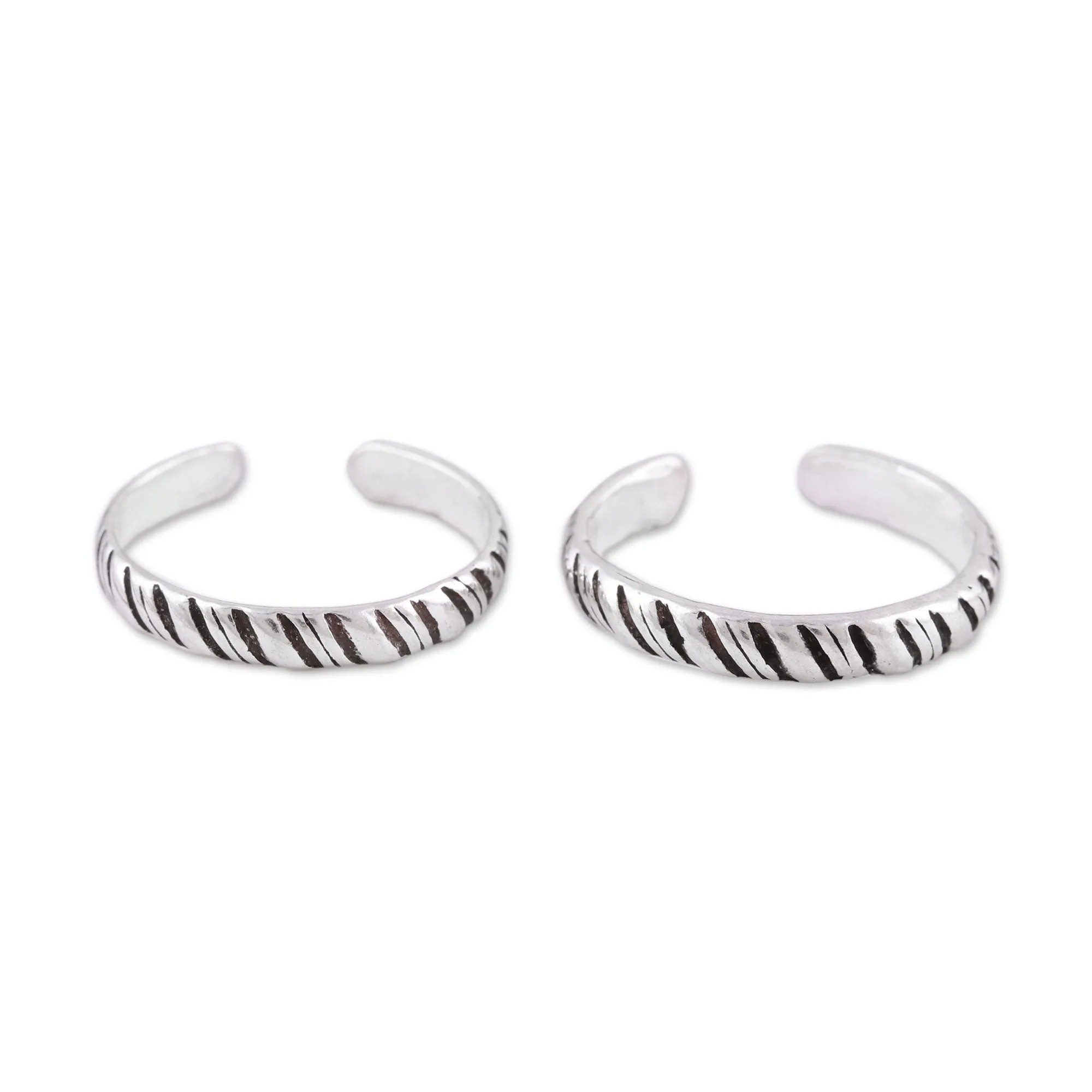 Sterling Silver Toe Rings with Tiger Stripe Design (Pair) - Uncaged | NOVICA