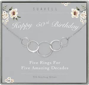 Suavell 5 Circle Necklace Pendant, 50th Birthday Gifts for Women. Sterling Silver Chain Necklace, Minimalist Jewelry, Dainty. Daughter Gift from Mom, Gifts for Women Turning 50