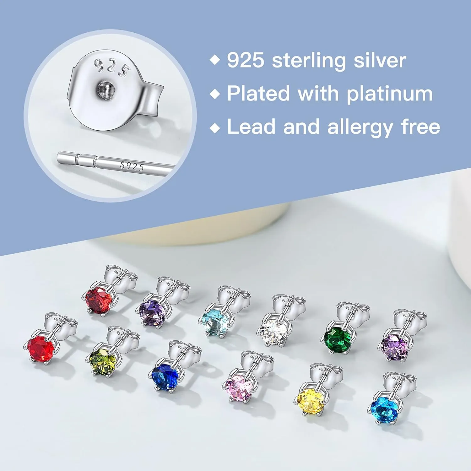 Suplight 925 Sterling Silver 6 Prong Birthstone Necklace/Stud Earrings, Dainty Small Crystal Jewelry for Women (with Gift Box)
