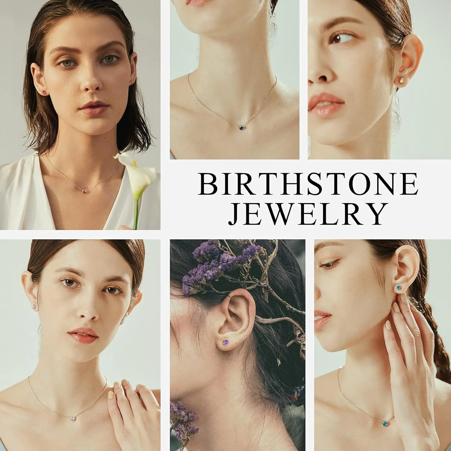 Suplight 925 Sterling Silver 6 Prong Birthstone Necklace/Stud Earrings, Dainty Small Crystal Jewelry for Women (with Gift Box)