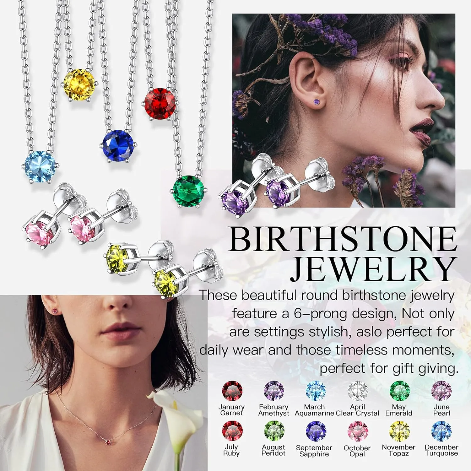 Suplight 925 Sterling Silver 6 Prong Birthstone Necklace/Stud Earrings, Dainty Small Crystal Jewelry for Women (with Gift Box)