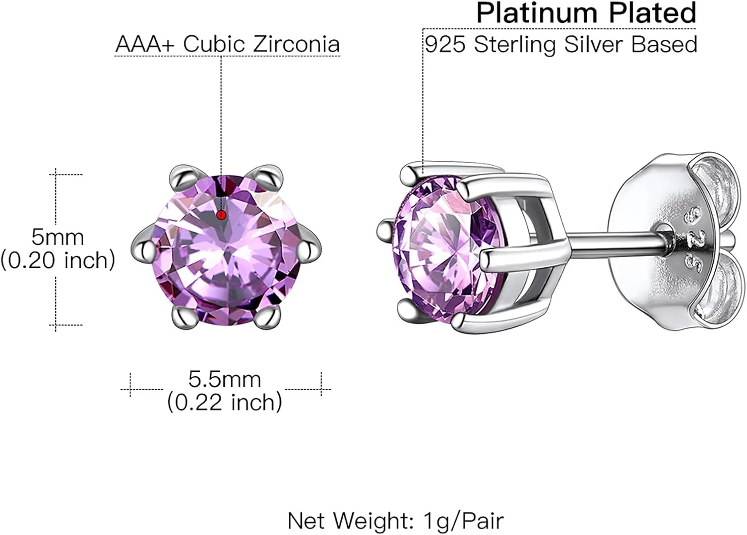 Suplight 925 Sterling Silver 6 Prong Birthstone Necklace/Stud Earrings, Dainty Small Crystal Jewelry for Women (with Gift Box)