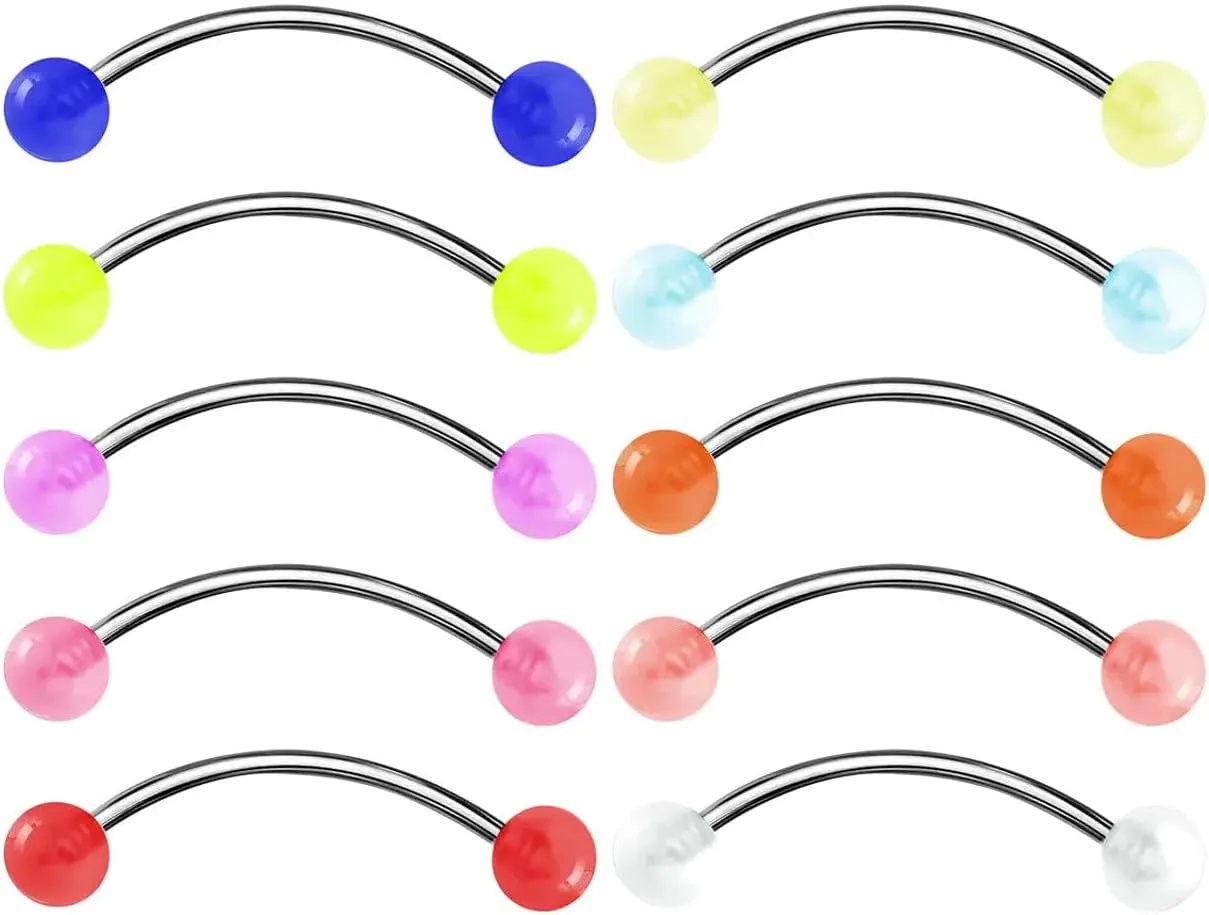 Surgical Steel Curved Barbell Tongue Ring 16 Gauge U/V Ball - 10 Pack