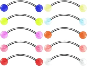 Surgical Steel Curved Barbell Tongue Ring 16 Gauge U/V Ball - 10 Pack