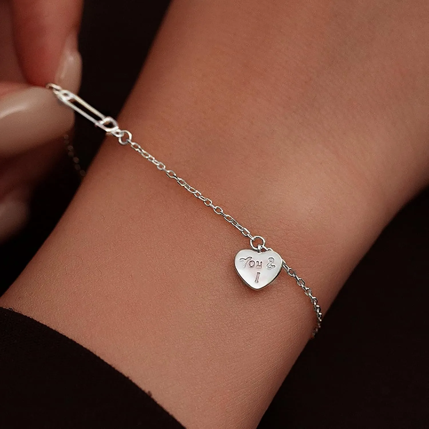 SUYACS Dainty 14K Gold Plated Love Heart Paperclip Bracelets for Women Couple Cute 925 Sterling Silver You and I Tag Letter Frindship Charm Chain Link Bracelet Jewelry for Mom Friends Girlfriend