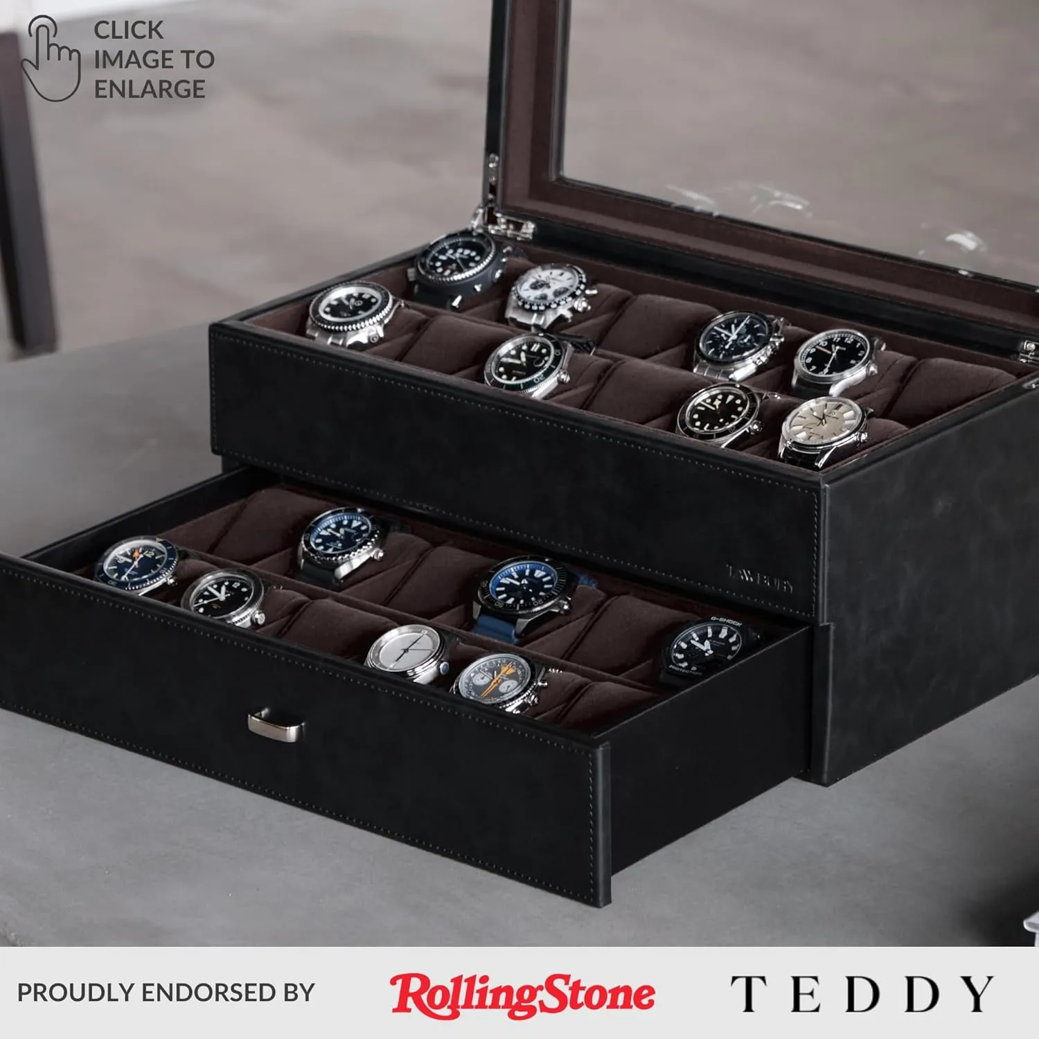 TAWBURY Extra Large Watch Box Men 24 Slot Watch Box | Sleek, Black PU Leather, Extra-Large Watch Box for Men | Double-Layer Design for Optimized Storage | Removable Drawer for Easy Handling