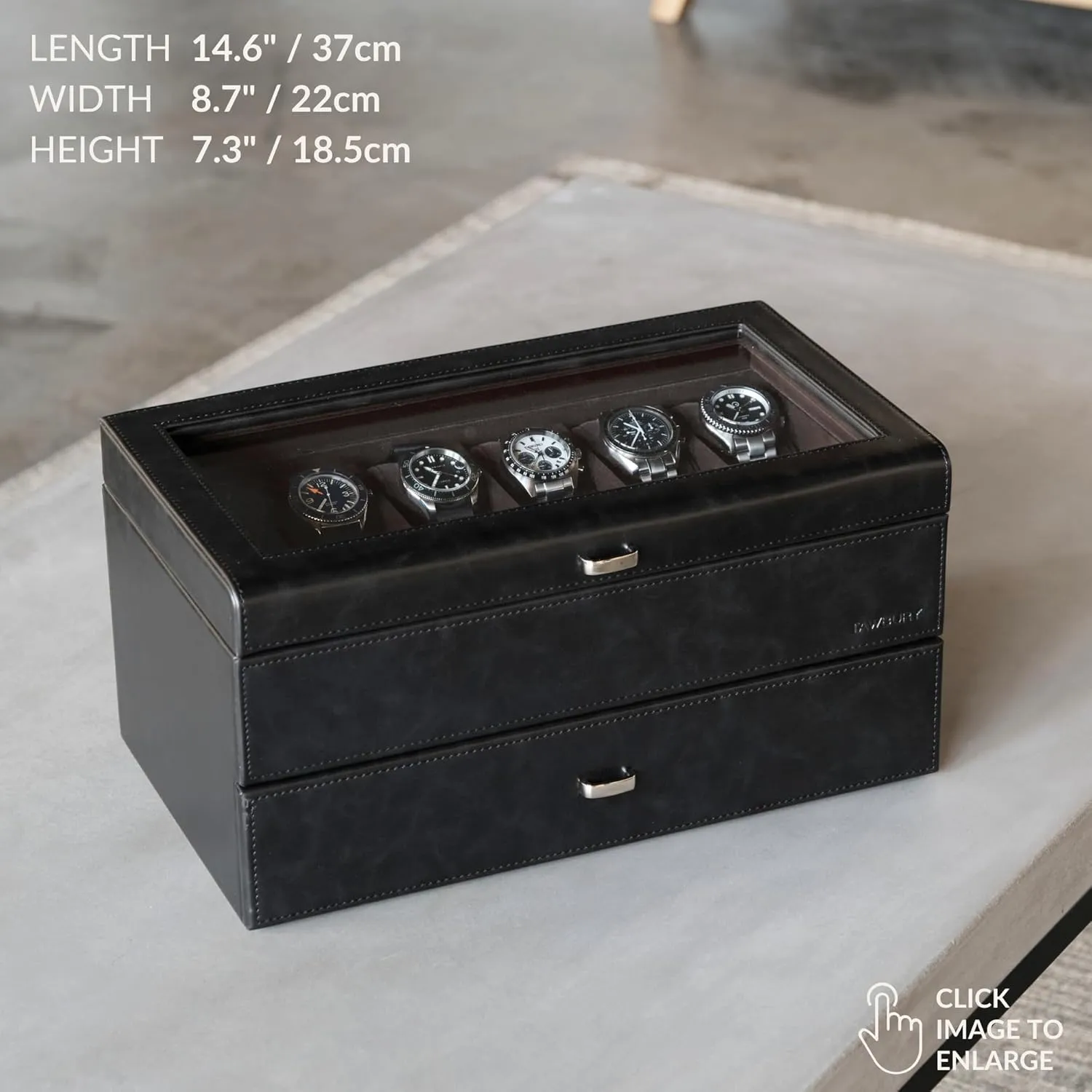 TAWBURY Extra Large Watch Box Men 24 Slot Watch Box | Sleek, Black PU Leather, Extra-Large Watch Box for Men | Double-Layer Design for Optimized Storage | Removable Drawer for Easy Handling