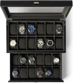 TAWBURY Extra Large Watch Box Men 24 Slot Watch Box | Sleek, Black PU Leather, Extra-Large Watch Box for Men | Double-Layer Design for Optimized Storage | Removable Drawer for Easy Handling