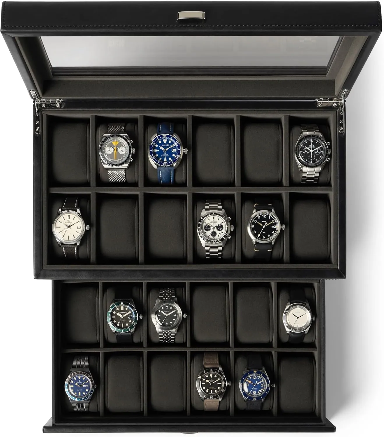 TAWBURY Extra Large Watch Box Men 24 Slot Watch Box | Sleek, Black PU Leather, Extra-Large Watch Box for Men | Double-Layer Design for Optimized Storage | Removable Drawer for Easy Handling