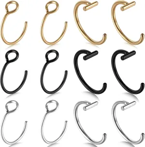 Teaaha 12PCS Fake Lip Ring 2 Styles Fake Piercings Fake Snake Bites Clip on Ear Lip Cuff Fake Piercing Jewelry Hoop for Women Men Faux Lip Septum Nose Ring Set(Steel, Black, Gold)