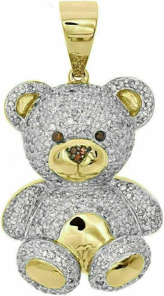 Teddy Bear Unisex Pendant Charm 2 CT D/VVS Lab Created Diamond 14K Yellow Gold Plated Sterling Silver
