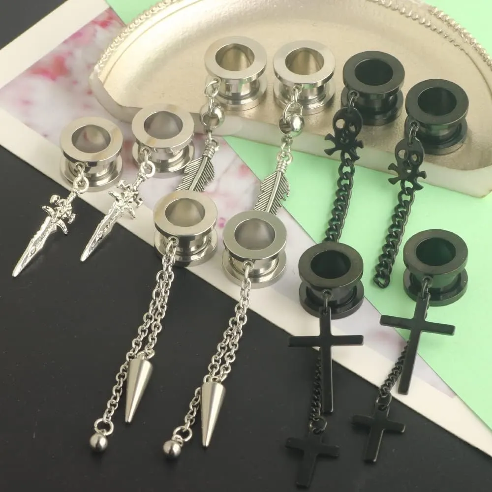 TIANCI FBYJS 5 Pairs Surgical Steel Dangle Cross Ear Tunnels Fashion Ear Gauges Plugs Expander Stretchers Piercings Black & Silver 2g-5/8