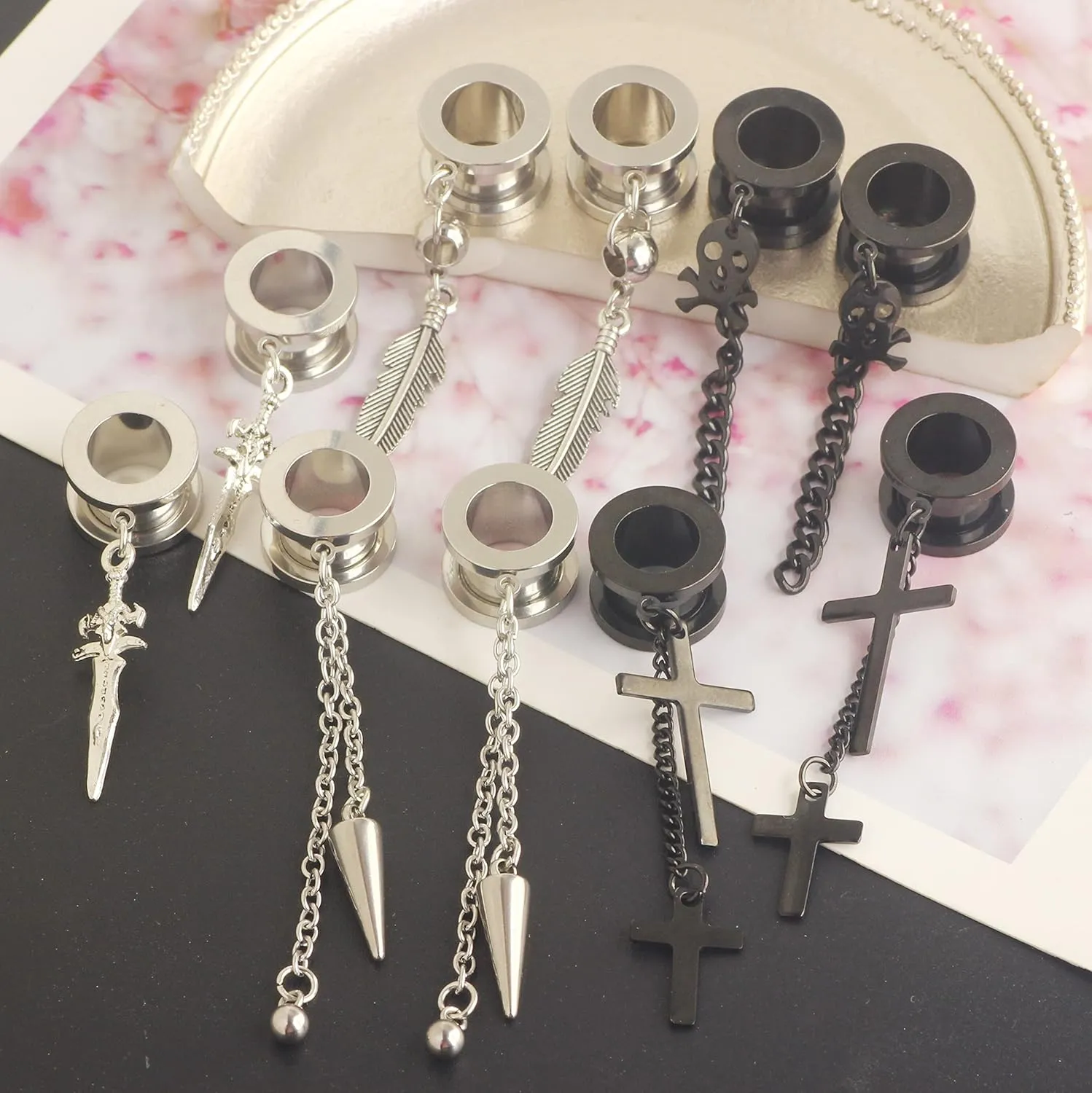 TIANCI FBYJS 5 Pairs Surgical Steel Dangle Cross Ear Tunnels Fashion Ear Gauges Plugs Expander Stretchers Piercings Black & Silver 2g-5/8