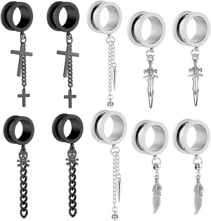 TIANCI FBYJS 5 Pairs Surgical Steel Dangle Cross Ear Tunnels Fashion Ear Gauges Plugs Expander Stretchers Piercings Black & Silver 2g-5/8