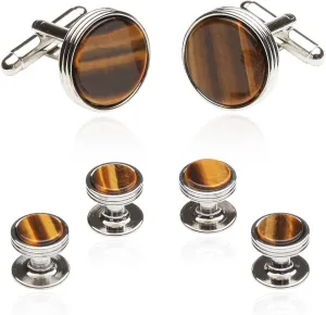 Tigers Eye Tuxedo Shirt Cufflinks Studs Formal Set for Men with Travel Presentation Gift Box for Groom Groomsmen Wedding Party