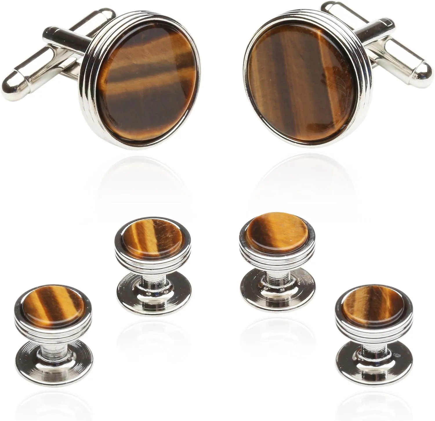 Tigers Eye Tuxedo Shirt Cufflinks Studs Formal Set for Men with Travel Presentation Gift Box for Groom Groomsmen Wedding Party