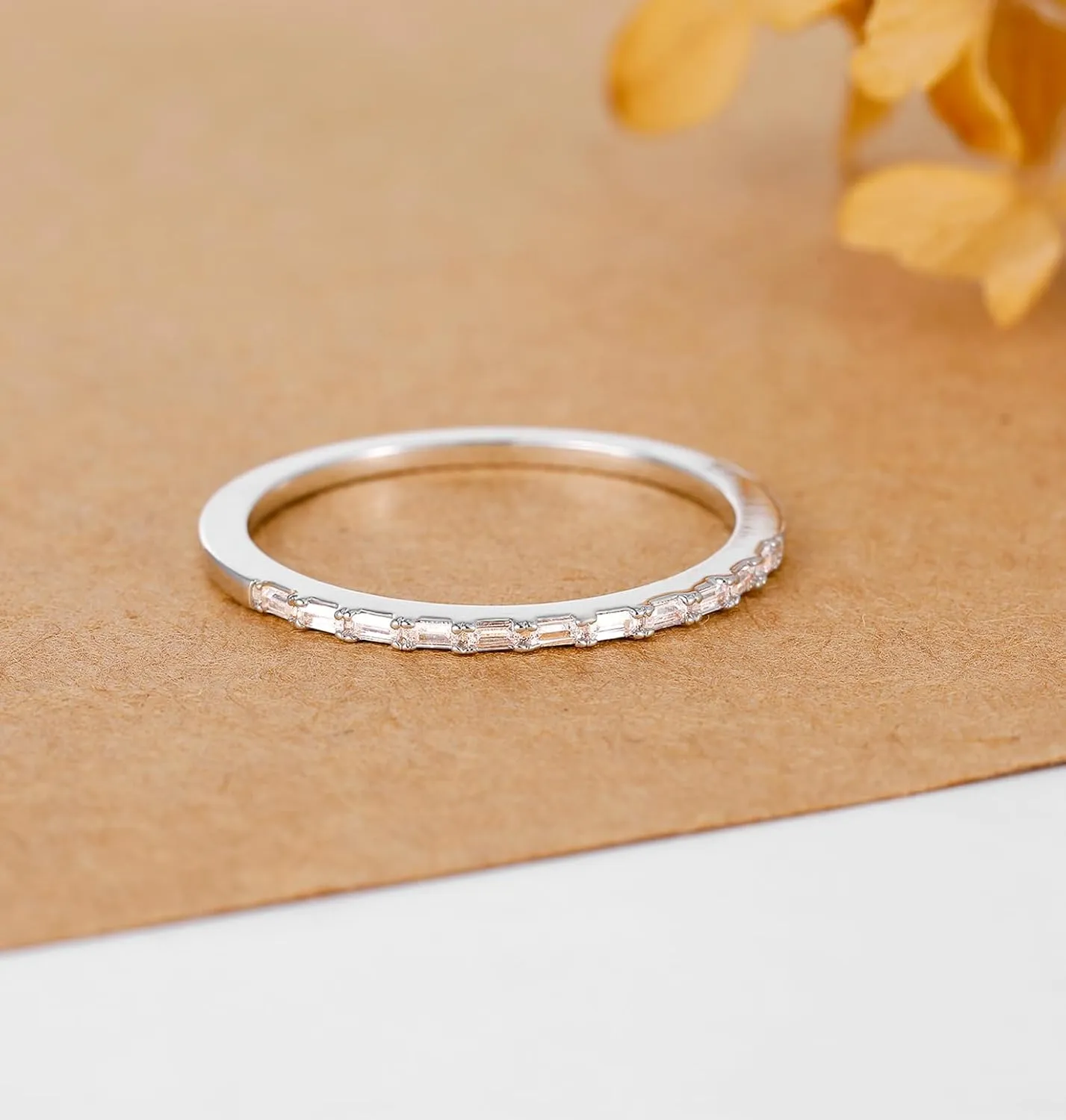 TIGRADE Half Eternity Ring for Women, Baguette Cubic Zirconia Anniversary Thin Stacking Ring, Minimalist CZ Statement Band, Size 3-11