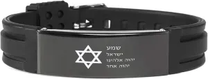 To Jewish Hebrew Prayer Bracelet, Star of David, Here O Israel The Lord is Our God, Inspirational Message Gifts,Personalized Black Silicone Bracelet for Men Women