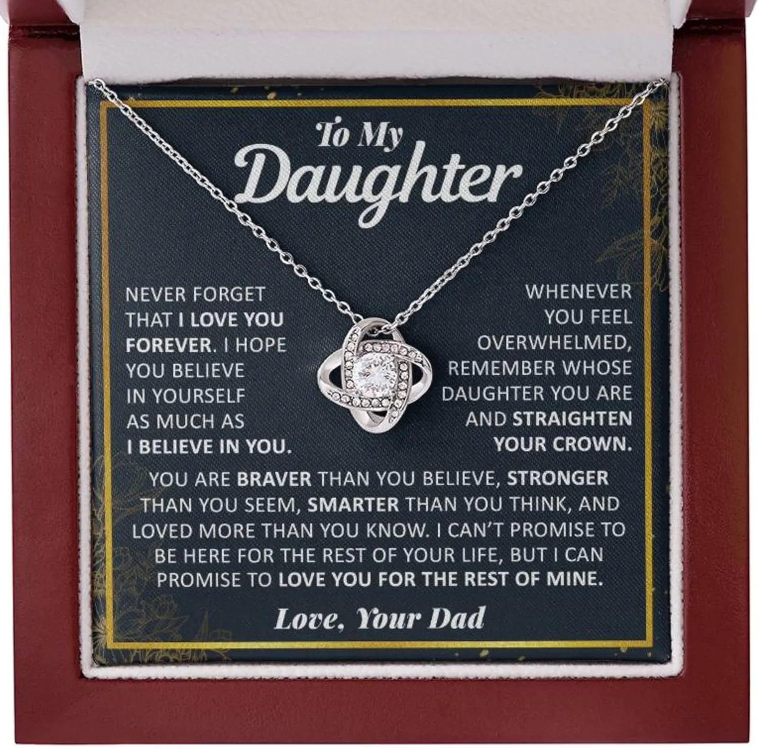 To My Daughter Necklace Gifts for Daughter from Dad, Birthday Gift from Father Necklaces Love Knot White Gold 14k Cubic Zirconia with Luxury Wood Box