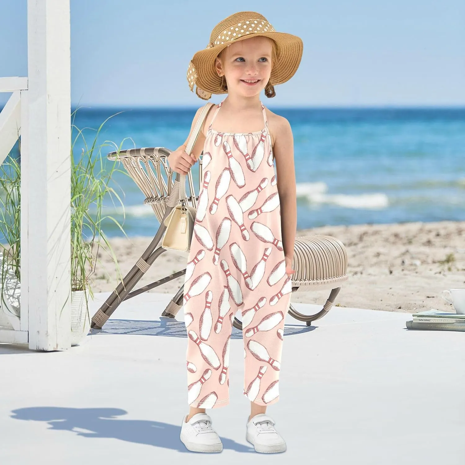 Toddler Girls' Sleeveless Jumpsuits Sketch Bowling Pins Casual Summer Rompers with Pockets for 1-6T