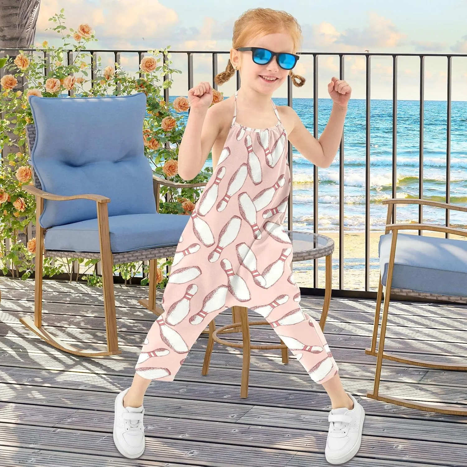 Toddler Girls' Sleeveless Jumpsuits Sketch Bowling Pins Casual Summer Rompers with Pockets for 1-6T