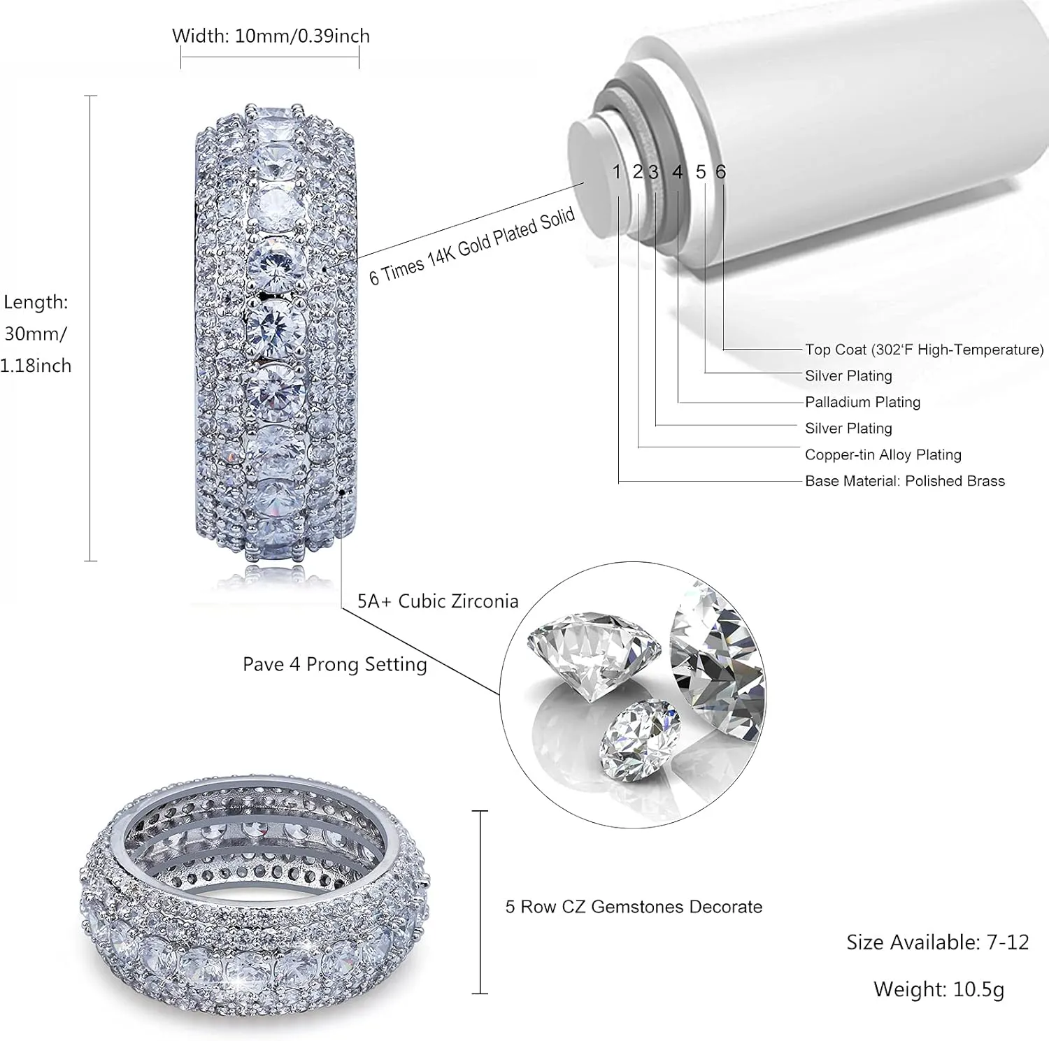 TOPGRILLZ 10MM Diamond Rings For Men 14K Gold Plated 5A  Cubic Zirconia Iced Out Anniversary Bling Silver Band Pinky Mens Rings Fashion