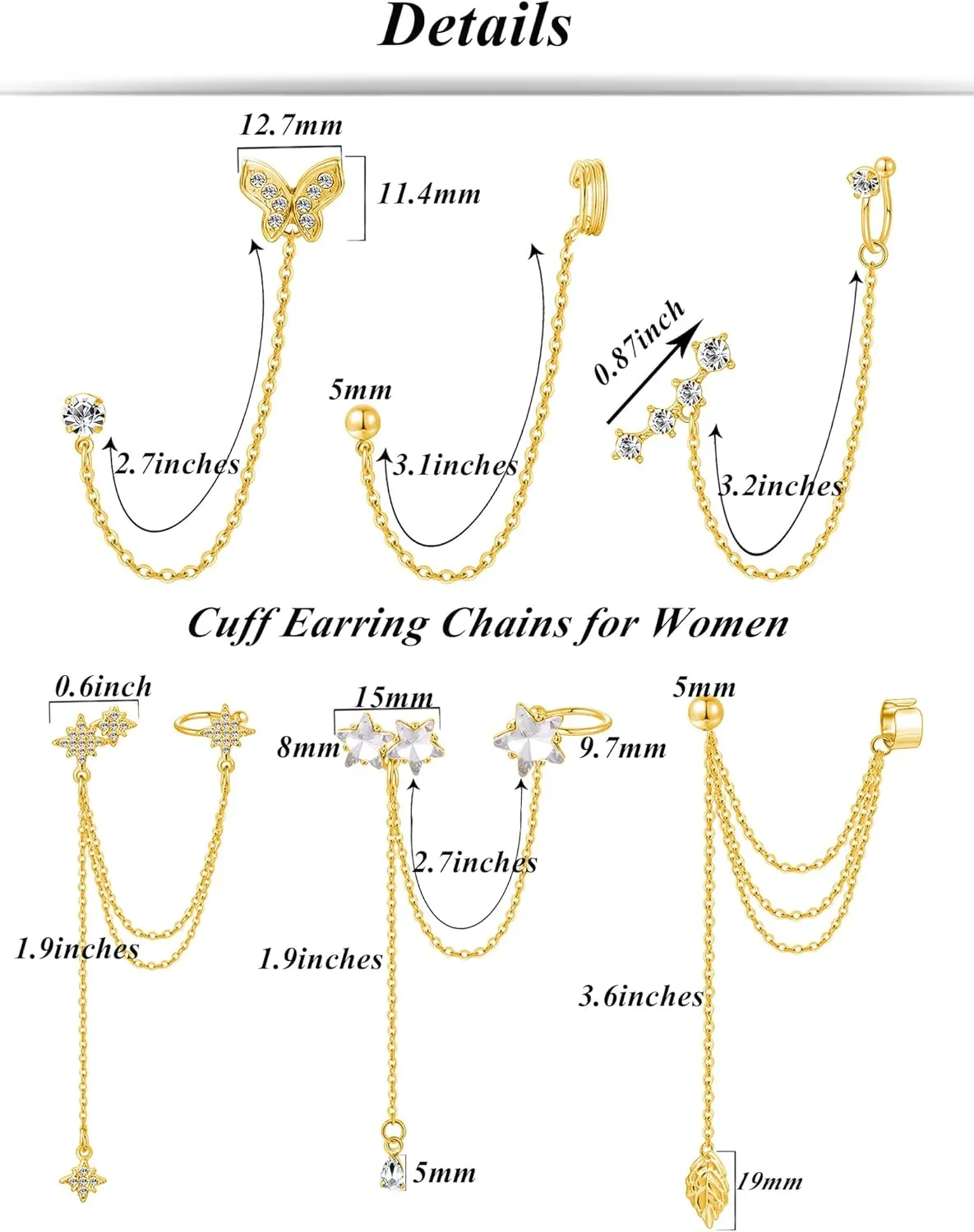 Tornito 6-12Pcs Cuff Earring Chain Leaf Snowflake Star Butterfly with CZ Crawler Climber Earring Studs Drop Dangling Chain Wrap Tassel Earring for Women Men 20G Silver Gold Tone