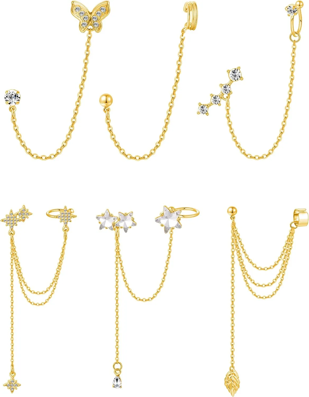 Tornito 6-12Pcs Cuff Earring Chain Leaf Snowflake Star Butterfly with CZ Crawler Climber Earring Studs Drop Dangling Chain Wrap Tassel Earring for Women Men 20G Silver Gold Tone