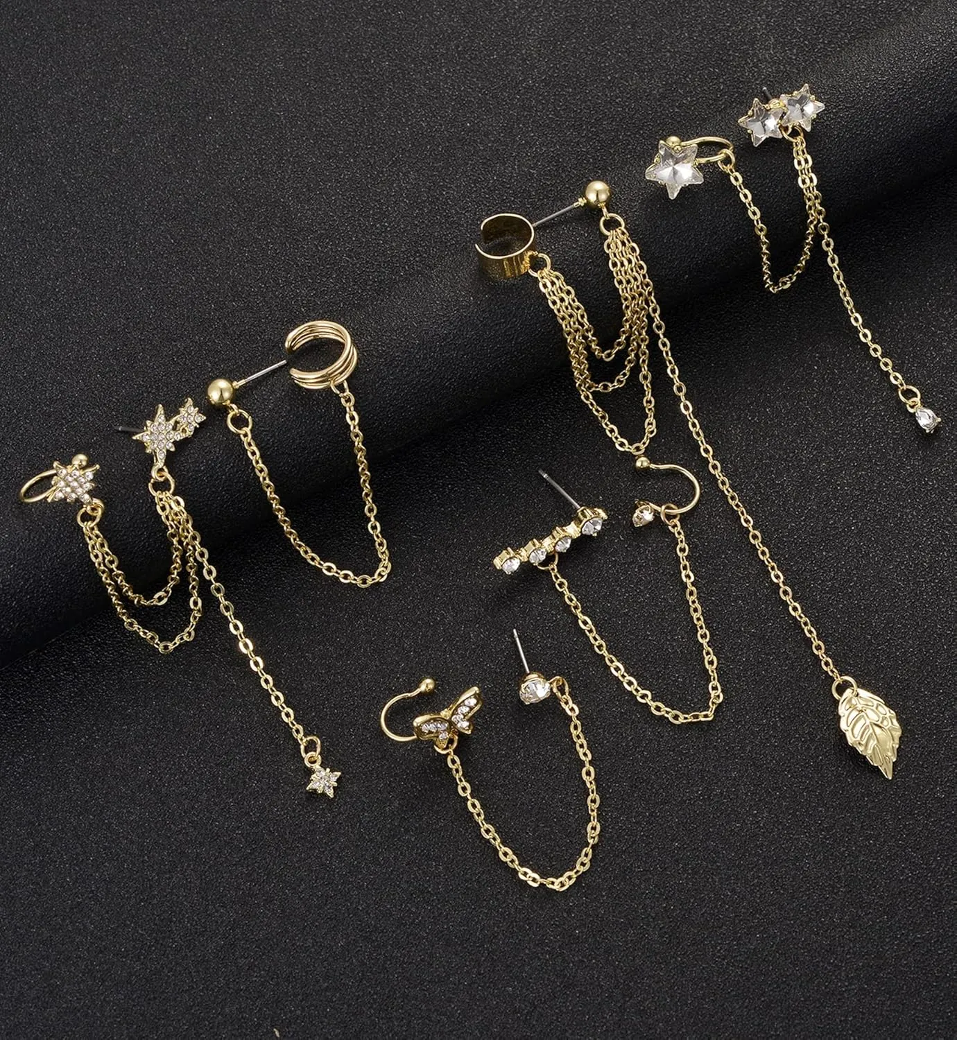 Tornito 6-12Pcs Cuff Earring Chain Leaf Snowflake Star Butterfly with CZ Crawler Climber Earring Studs Drop Dangling Chain Wrap Tassel Earring for Women Men 20G Silver Gold Tone