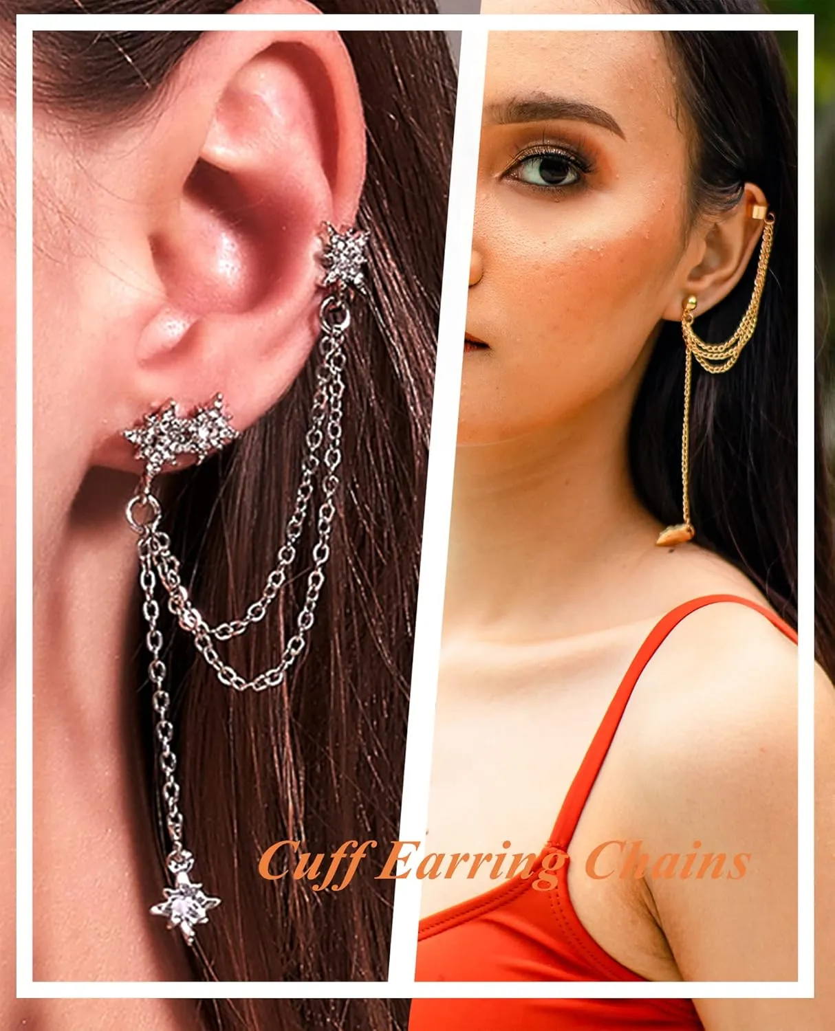 Tornito 6-12Pcs Cuff Earring Chain Leaf Snowflake Star Butterfly with CZ Crawler Climber Earring Studs Drop Dangling Chain Wrap Tassel Earring for Women Men 20G Silver Gold Tone