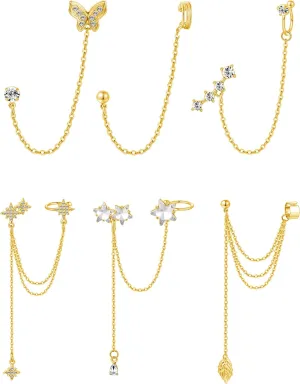 Tornito 6-12Pcs Cuff Earring Chain Leaf Snowflake Star Butterfly with CZ Crawler Climber Earring Studs Drop Dangling Chain Wrap Tassel Earring for Women Men 20G Silver Gold Tone