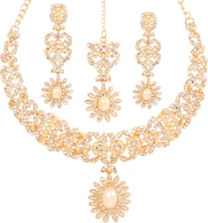 Touchstone Indian jewelry sets for women bollywood wedding kundan necklaces and punjabi look designer party jewellery set light bridal tikka simple design in gold or silver or white tone for women.
