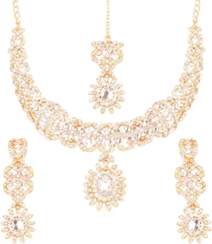 Touchstone Indian jewelry sets for women bollywood wedding kundan necklaces and punjabi look designer party jewellery set light bridal tikka simple design in gold or silver or white tone for women.