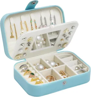 Travel Jewelry Case with Mirror, PU Leather Small Jewelry Box for Women, Portable Mini Jewelry Organizer, 2 Layer Travel Jewelry Storage for Necklaces, Earrings, Rings, BraceletsBlue