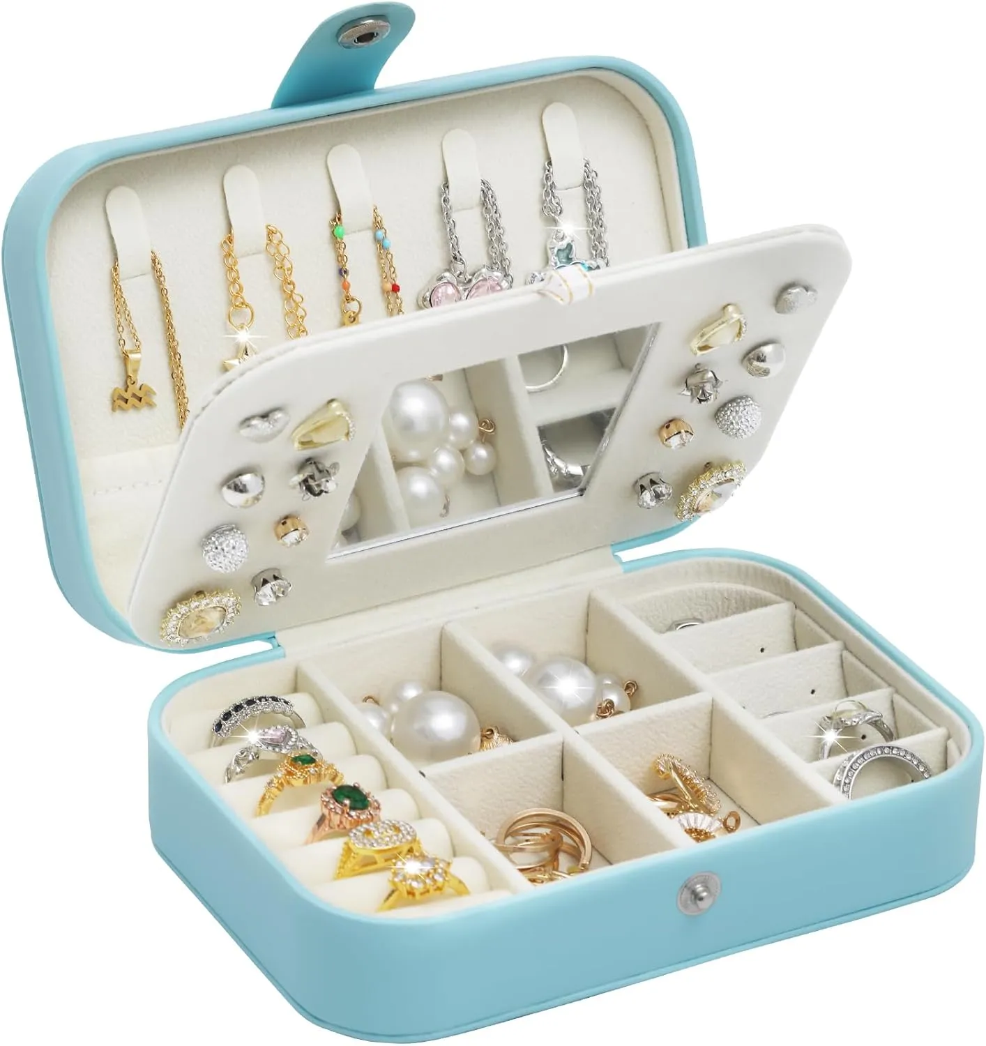 Travel Jewelry Case with Mirror, PU Leather Small Jewelry Box for Women, Portable Mini Jewelry Organizer, 2 Layer Travel Jewelry Storage for Necklaces, Earrings, Rings, BraceletsBlue