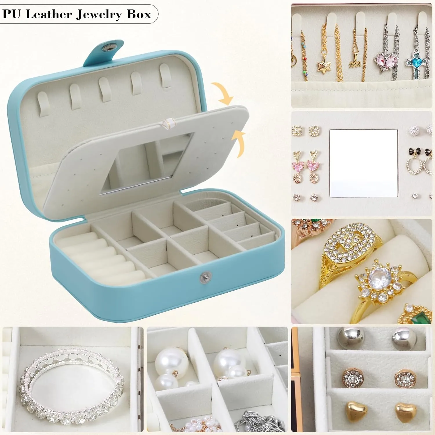 Travel Jewelry Case with Mirror, PU Leather Small Jewelry Box for Women, Portable Mini Jewelry Organizer, 2 Layer Travel Jewelry Storage for Necklaces, Earrings, Rings, BraceletsBlue