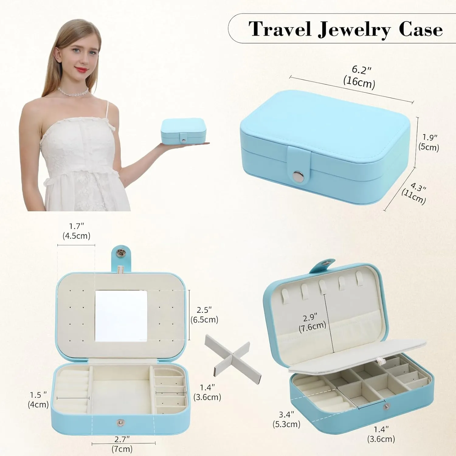Travel Jewelry Case with Mirror, PU Leather Small Jewelry Box for Women, Portable Mini Jewelry Organizer, 2 Layer Travel Jewelry Storage for Necklaces, Earrings, Rings, BraceletsBlue