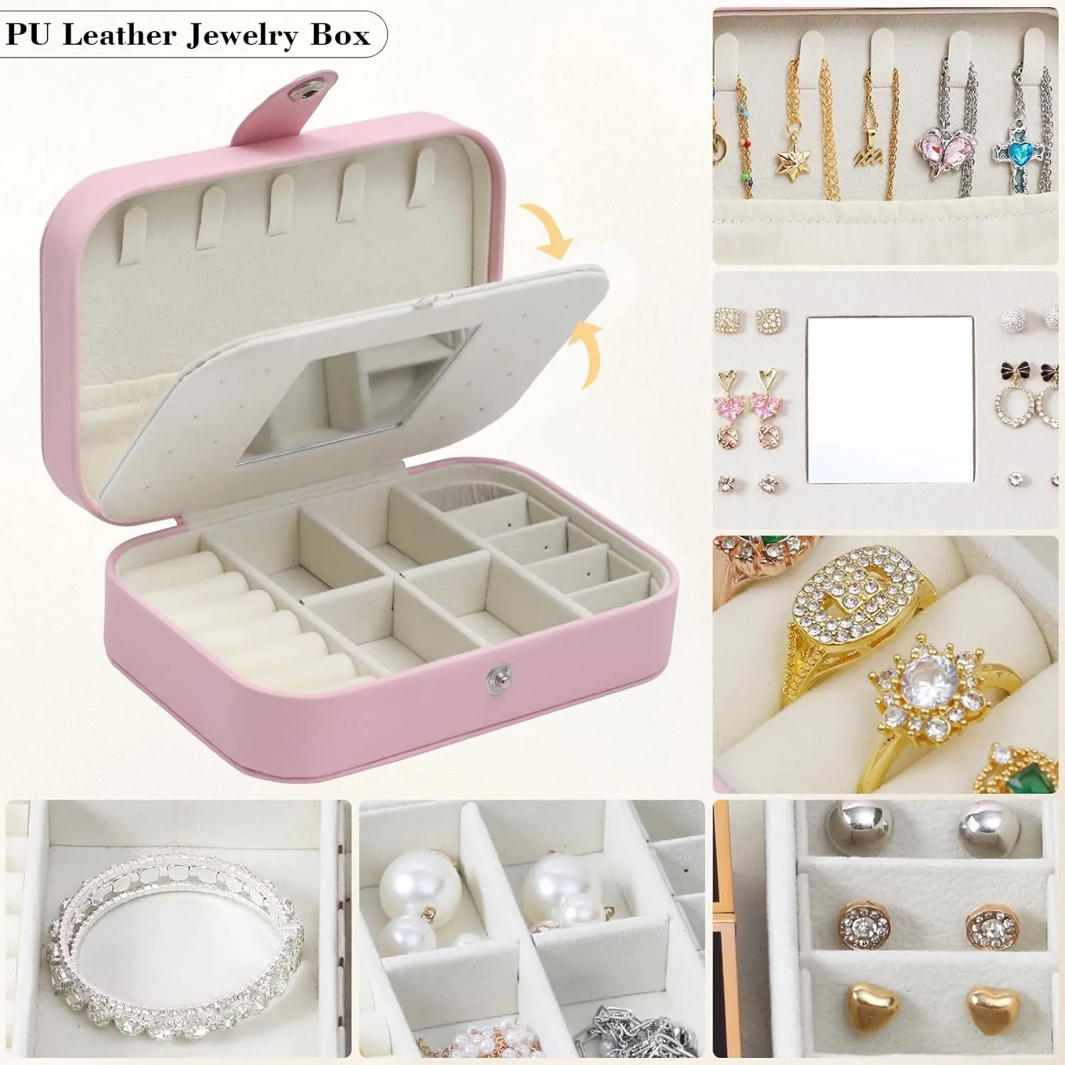 Travel Jewelry Case with Mirror, PU Leather Small Jewelry Boxes for Women, Portable Mini Travel Jewelry Organizer, Pink Jewelry box for Necklace, Earring, Ring, Bracelets,Christmas Gift for Women